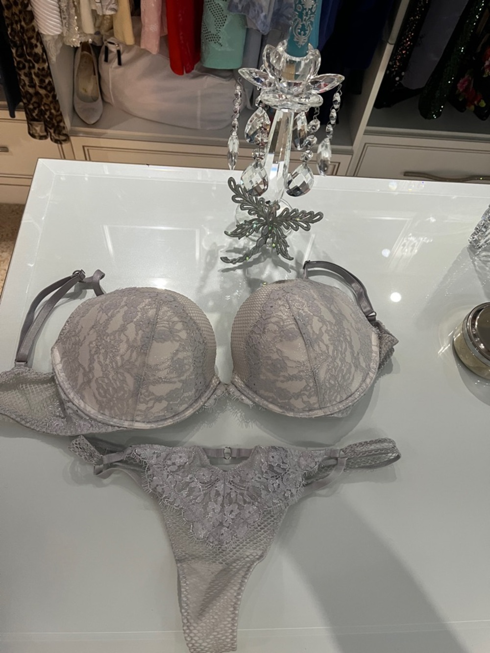 Victoria's Secret Light Gray Lace Push-Up Bra & Thong Set